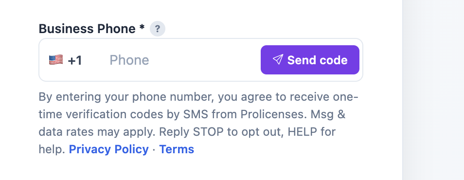 Business Phone field with Send code button and SMS consent language below it