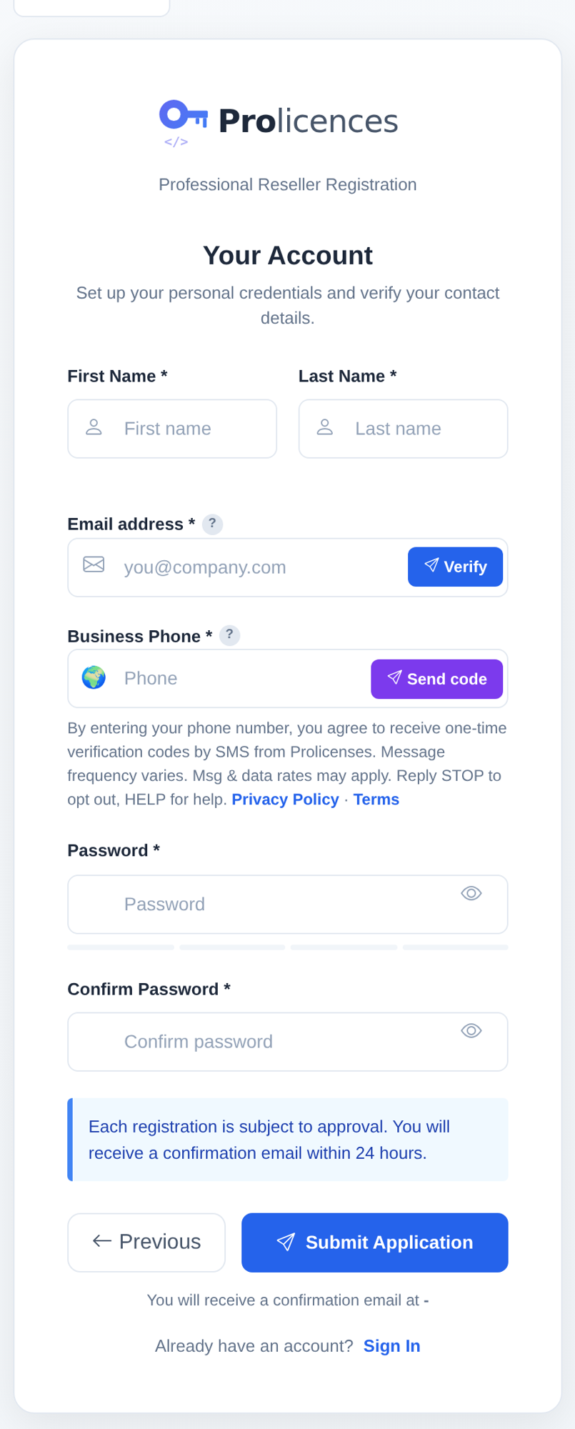 Step 2 of the Prolicenses registration form showing the Business Phone field and SMS consent